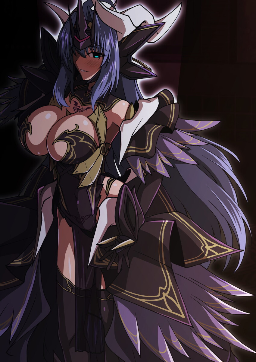 1girl absurdres aoi_tabane black_thighhighs blue_eyes blue_hair blush breast_tattoo breasts cleavage commission cosplay dark_persona dress gloves headgear highres kos-mos kouyoku_senki_exs-tia large_breasts long_hair looking_at_viewer luxiel_(kouyoku_senki_exs-tia) luxiel_(kouyoku_senki_exs-tia)_(cosplay) pelvic_curtain pixiv_commission smile solo tattoo thighhighs very_long_hair xenosaga