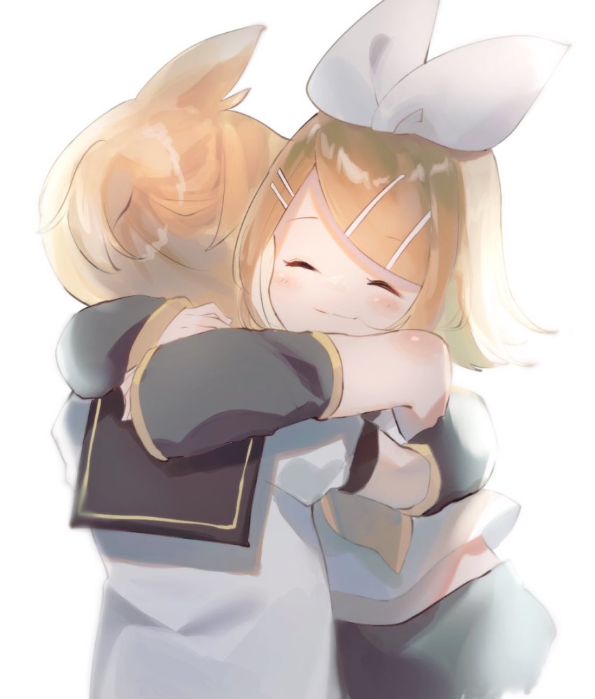 1boy 1girl arm_warmers arms_around_neck bare_shoulders black_collar black_shorts blonde_hair blush bow closed_eyes collar commentary crop_top from_behind hair_bow hair_ornament hairclip highres hug kagamine_len kagamine_rin midriff mipi mutual_hug neckerchief ponytail sailor_collar school_uniform shirt short_hair short_ponytail short_sleeves shorts shoulder_blush sleeveless sleeveless_shirt smile spiked_hair swept_bangs upper_body vocaloid white_background white_bow white_shirt yellow_neckerchief