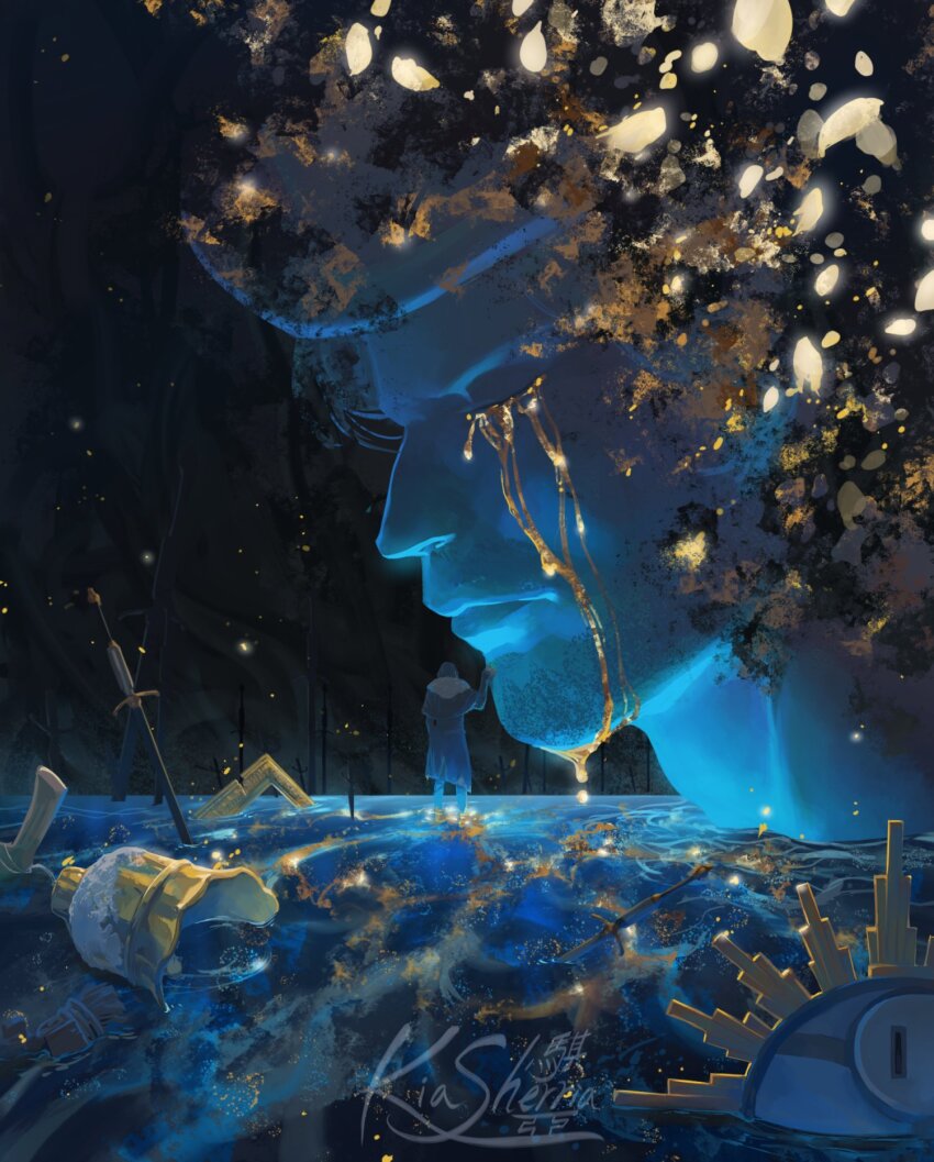 2boys artist_name bell blue_skin clair_obscur:_expedition_33 closed_eyes colored_skin disintegration dissolving dual_persona falling_petals highres kiasherria male_focus multiple_boys petals picture_frame planted planted_sword planted_weapon standing surreal sword tears verso_(clair_obscur:_expedition_33) water weapon