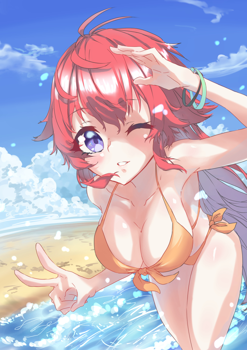1girl absurdres beach bikini blue_sky breasts cleavage day eshineko highres large_breasts leaning_forward long_hair looking_at_viewer mizuho_saiki ocean one_eye_closed outdoors purple_eyes red_hair sky solo super_robot_wars super_robot_wars_reversal swimsuit v very_long_hair water yellow_bikini