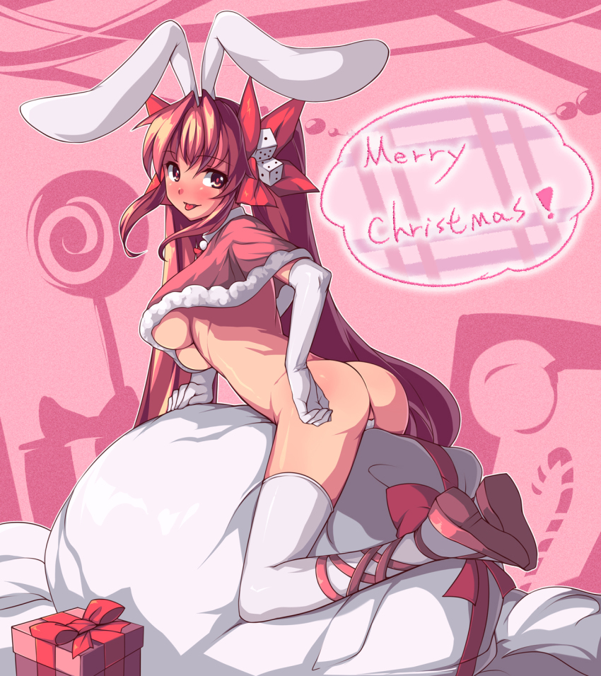 1girl :p animal_ears ass blush bow box breasts di_gi_charat dice elbow_gloves english_text female_focus gift gift_box gloves hair_bow highres large_breasts long_hair looking_at_viewer maebari merry_christmas rabbit_ears red_eyes red_hair revealing_clothes sack saiste smile solo thighhighs tongue tongue_out twintails underboob usada_hikaru white_gloves white_thighhighs
