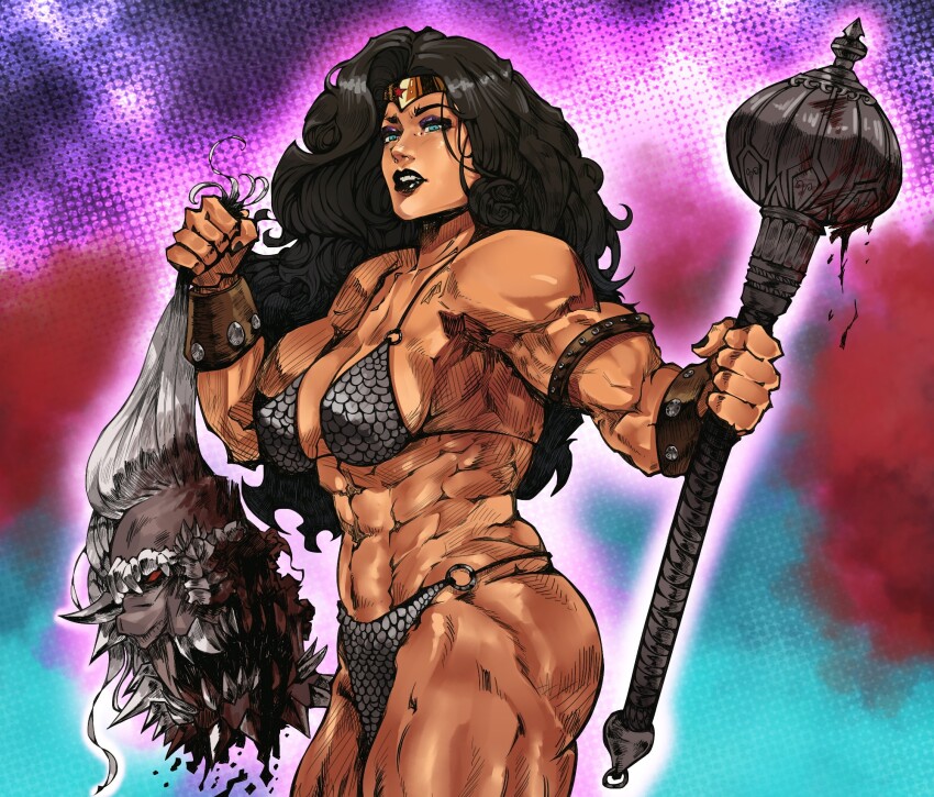 1girl abs angelxholika armlet armor bikini_armor blood blue_eyes breasts cosplay dc_comics decapitation doomsday_(dc) greyscale highres holding holding_mace holding_weapon jewelry long_hair looking_at_viewer mace monochrome muscular muscular_female no_pupils red_eyes red_sonja red_sonja_(comics) red_sonja_(cosplay) simple_background solo tiara vambraces weapon wonder_woman wonder_woman_(series)