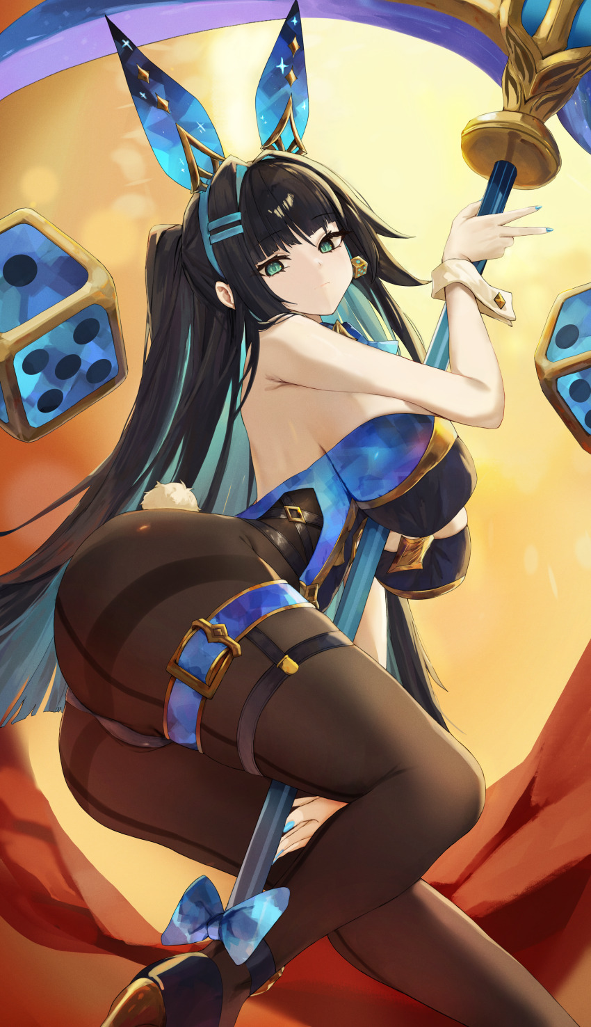 1girl abigail_(black_survival) abigail_(poker_face)_(black_survival) absurdres animal_ears ass bare_arms bare_shoulders belt between_breasts between_legs black_footwear black_hair black_leotard black_survival blue_bow blue_hair blue_hairband blue_leotard blue_nails bow breasts brown_pantyhose closed_mouth colored_inner_hair dice eternal_return:_black_survival expressionless fake_animal_ears fake_tail from_side gold_trim green_eyes hair_intakes hair_ornament hairband hairclip hand_between_legs hand_up highleg highleg_leotard highres holding holding_scythe krabking large_breasts leotard long_hair looking_at_viewer looking_to_the_side multicolored_hair multicolored_leotard nail_polish official_alternate_costume one_side_up pantyhose playboy_bunny pole pole_dancing rabbit_ears rabbit_tail scythe solo tail thigh_belt thigh_strap thighband_pantyhose thighs two-tone_leotard v very_long_hair wrist_cuffs