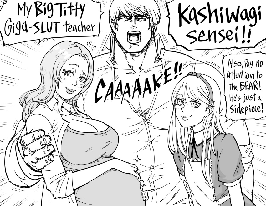 1girl 2boys absurdres alice_(megami_tensei) alice_(megami_tensei)_(cosplay) bb_(baalbuddy) breasts cleavage cosplay crossdressing english_text greyscale hairband heart highres kashiwagi_noriko kuma_(persona_4) large_breasts lips mature_female monochrome multiple_boys muscular muscular_male narukami_yu persona persona_4 pregnant speech_bubble trap