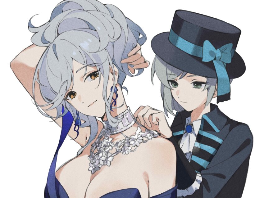 2girls adjusting_hair arm_up ascot bare_shoulders black_coat black_hat blue_bow blue_dress boater_hat bow breasts cleavage coat dress dressing_another eternity_(reverse:1999) grey_eyes grey_hair hair_bun hand_in_own_hair hand_up hat hat_bow highres jewelry large_breasts looking_at_another looking_back medium_hair multiple_girls necklace off_shoulder ponytail quanx70909457 reverse:1999 shirt short_hair single_side_bun smile upper_body vertin_(reverse:1999) white_ascot white_background white_shirt yellow_eyes
