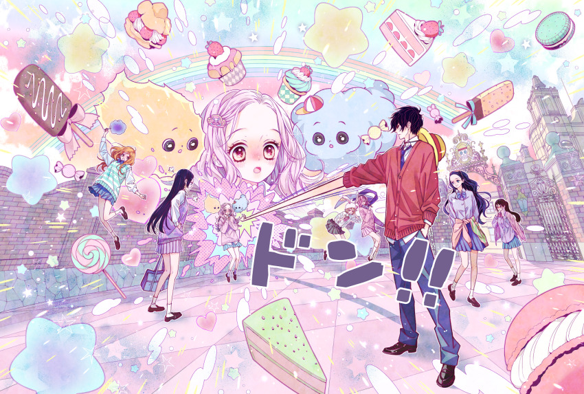 1boy 6+girls aged_down animal_ears bag black_hair black_skirt blonde_hair blue_skirt blush boa_hancock cake candy carrot_(one_piece) charlotte_linlin clothes_around_waist cotton_candy cupcake eyewear_on_head food fruit glasses hair_ornament handbag hat heart holding holding_cotton_candy holding_food humanization jacket jacket_on_shoulders jolly_roger kabedon lollipop long_hair macaron maki_youko mary_janes monkey_d._luffy multiple_girls nami_(one_piece) nico_robin official_art one_piece open_mouth orange_hair pink_hair pink_skirt pleated_skirt ponytail prometheus_(one_piece) purple_legwear purple_skirt rabbit_ears rainbow scarf school_uniform shoes short_hair skirt socks sound_effects star_(symbol) straw_hat straw_hats_jolly_roger strawberry sweater sweater_around_waist tashigi vinsmoke_reiju white_legwear zeus_(one_piece) zoom_layer