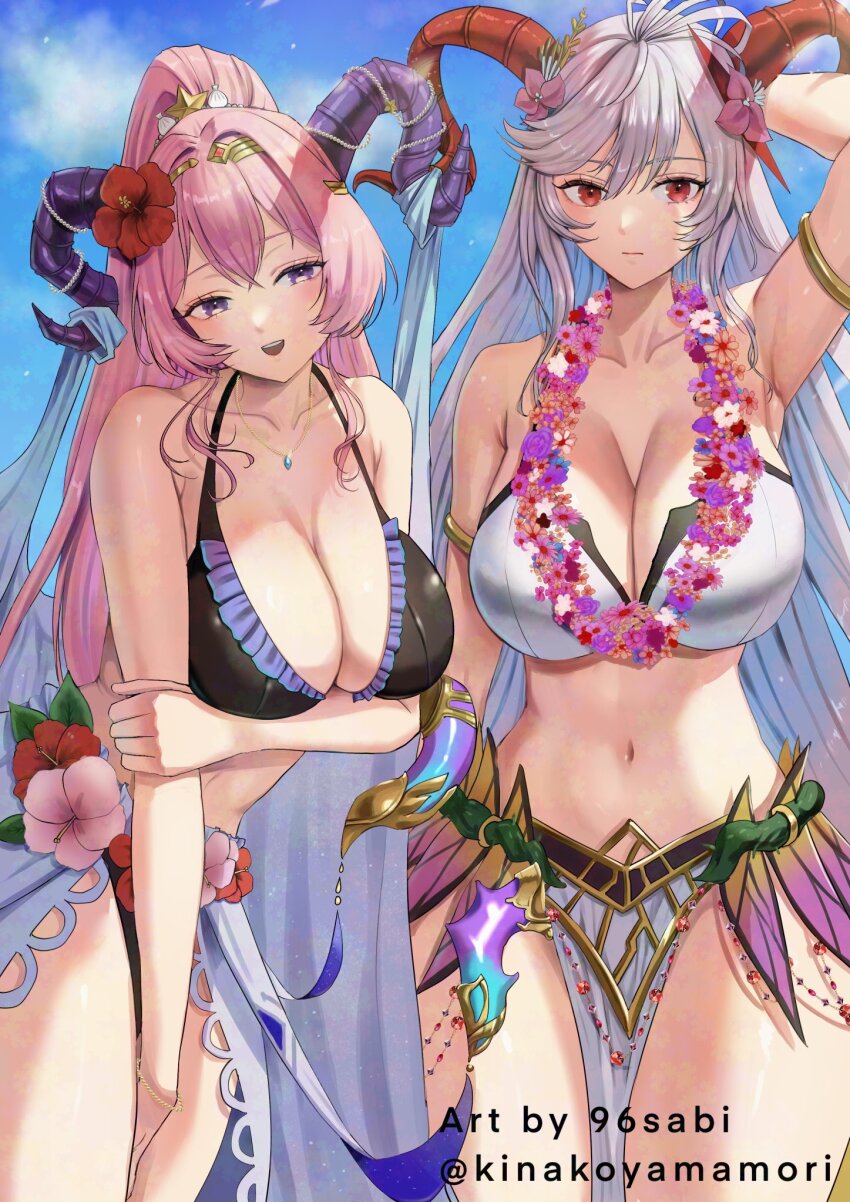 2girls alternate_costume arm_behind_head arm_under_breasts armlet aunt_and_niece bikini black_bikini blue_hair blush breasts circlet cleavage commission cowboy_shot curled_horns female_focus fire_emblem fire_emblem_heroes flower flower_necklace freyja_(fire_emblem) freyja_(summer)_(fire_emblem) goat_horns gold_armlet gold_circlet grey_hair hair_flower hair_ornament highres horns huge_breasts jewelry large_horns leaning_forward long_hair looking_at_viewer mature_female multicolored_hair multiple_girls navel necklace nerthuz_(fire_emblem) nerthuz_(summer)_(fire_emblem) nintendo official_alternate_costume outdoors pelvic_curtain pink_hair ponytail purple_eyes purple_horns red_eyes red_horns skeb_commission smile swimsuit two-tone_hair white_bikini yamamori_kinako
