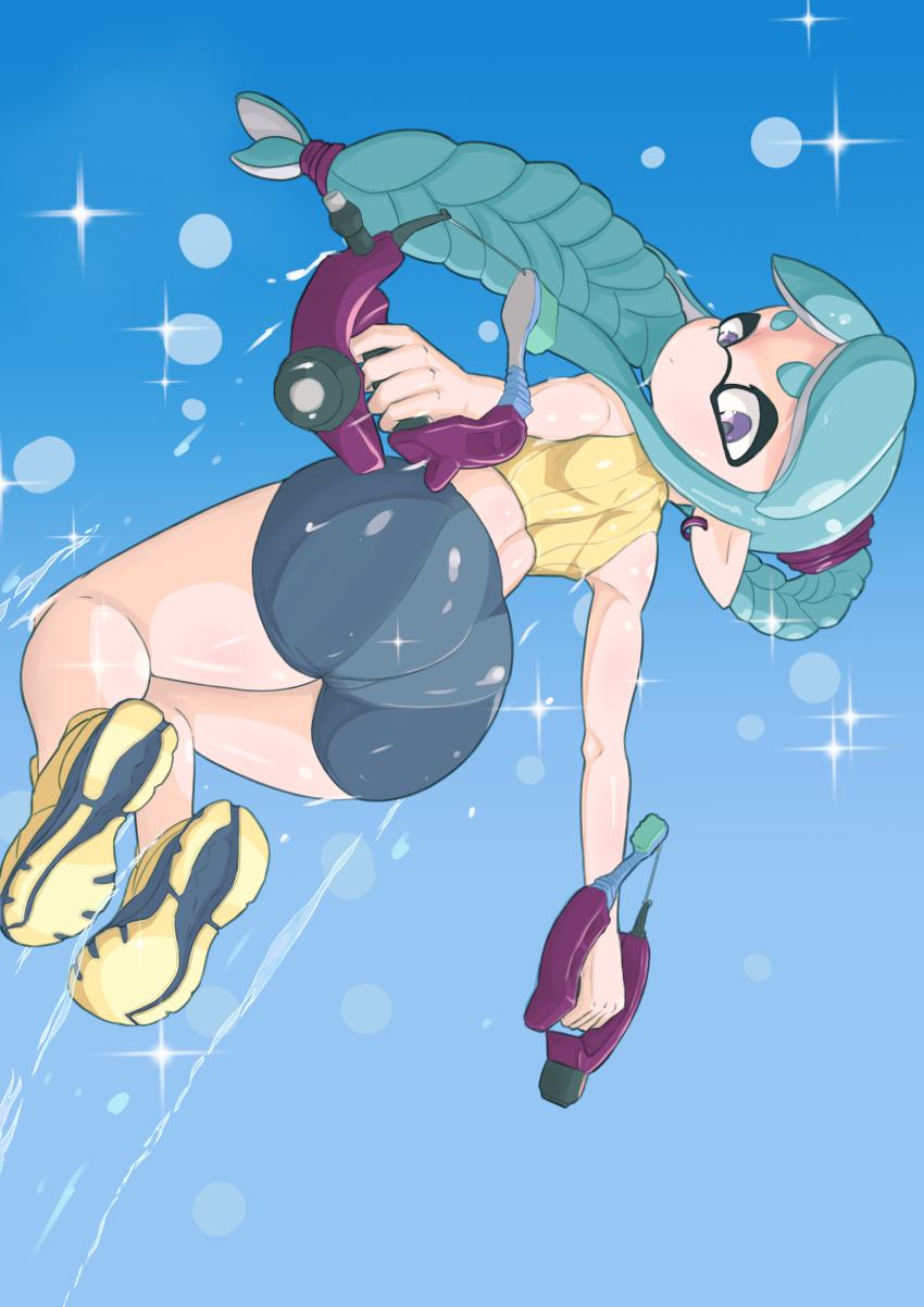 1girl absurdres aqua_hair ass bike_shorts black_bike_shorts braid dapple_dualies_(splatoon) dual_wielding earrings from_behind gun highres holding holding_gun holding_weapon hoop_earrings inkling inkling_girl inkling_player_character jewelry jumping long_hair looking_at_viewer looking_back midriff nintendo panties panties_under_bike_shorts pointy_ears ponytail purple_eyes ryufey scrunchie shirt shoes sidelocks single_braid sky sleeveless sleeveless_shirt sneakers sparkle splatoon_(series) squid_girl tentacle_hair underwear weapon wet yellow_shirt yellow_shoes
