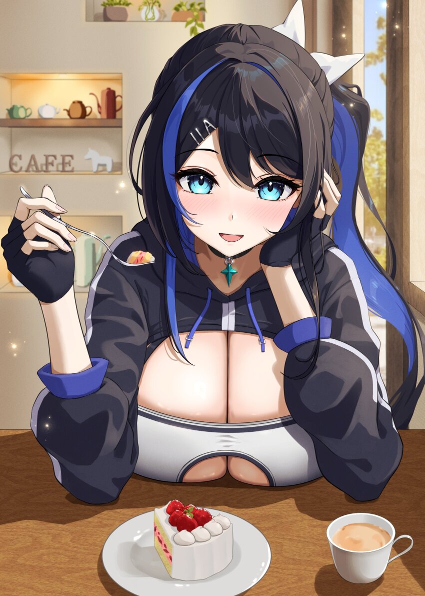 1girl absurdres alyssa_(specktech) azuki_(azuki_azukki) black_choker black_gloves black_hair black_shrug blue_eyes blue_hair breast_rest breasts cake cake_slice choker cleavage clothing_cutout cup drawstring fingerless_gloves food gloves hair_ornament hairclip hands_up highres holding hood hood_down indoors large_breasts long_hair long_sleeves looking_at_viewer multicolored_hair open_mouth original shirt shrug_(clothing) side_ponytail smile solo streaked_hair two-tone_hair underboob underboob_cutout white_shirt