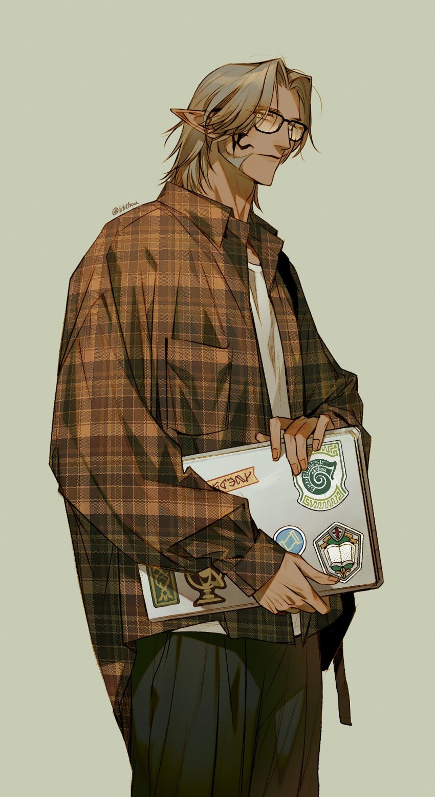 1boy alternate_costume bbthou bespectacled black-framed_eyewear black_pants brown_hair brown_shirt collared_shirt commentary_request computer contemporary cowboy_shot elezen elf expressionless eyes_visible_through_hair facial_tattoo final_fantasy final_fantasy_xiv flannel from_side glasses highres holding holding_laptop korean_commentary laptop long_sleeves looking_at_viewer male_focus medium_hair pants pointy_ears shirt sideburns signature simple_background solo standing sticker tattoo twitter_username unmoving_pattern urianger_augurelt white_shirt yellow_background yellow_eyes