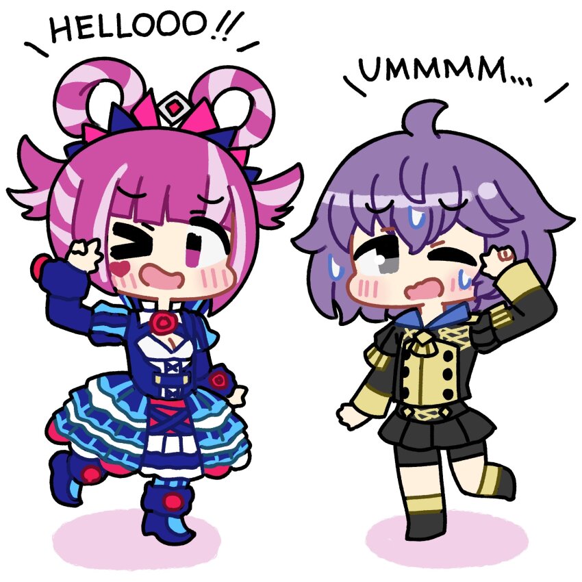 2girls bernadetta_von_varley chibi chibi_only cross-laced_clothes cross-laced_dress dress english_text facial_mark fire_emblem fire_emblem:_three_houses fire_emblem_engage folded_twintails fur_wrist_cuffs garreg_mach_monastery_uniform grey_eyes hair_flaps hair_rings heart heart_facial_mark highres hiro_kayama hortensia_(fire_emblem) looking_at_viewer multicolored_hair multicolored_tiara multiple_girls nintendo pink_eyes pink_hair purple_hair short_hair smile striped_clothes striped_dress two-tone_hair vertical-striped_clothes vertical-striped_dress wrist_cuffs