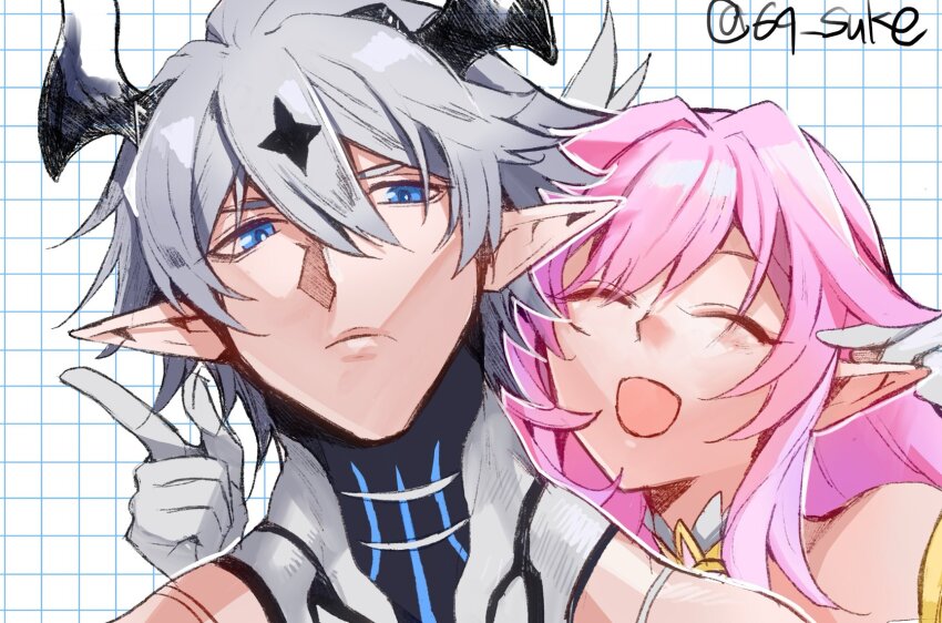 1boy 1girl black_horns blue_eyes closed_mouth commentary commentary_request kevin_kaslana_(diabolic) elf elysia_(herrscher_of_human:_ego)_(honkai_impact) elysia_(honkai_impact) gloves grid_background highres honkai_(series) honkai_impact_3rd horns kaneaki_mukku kevin_kaslana long_hair open_mouth pink_hair pointy_ears portrait smile twitter_username white_gloves white_hair