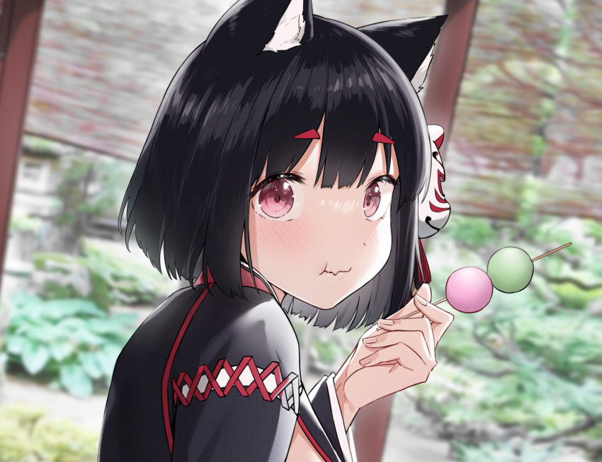 1girl animal_ears azur_lane black_hair black_kimono blush cat_ears cat_girl cat_mask chewing commentary_request cotton_kanzaki dango eating food food_in_mouth from_side hair_between_eyes hand_up highres japanese_clothes kimono long_sleeves looking_at_viewer looking_back mask mask_on_head medium_hair pink_eyes red_eyes solo upper_body wagashi wide_sleeves yamashiro_(azur_lane)