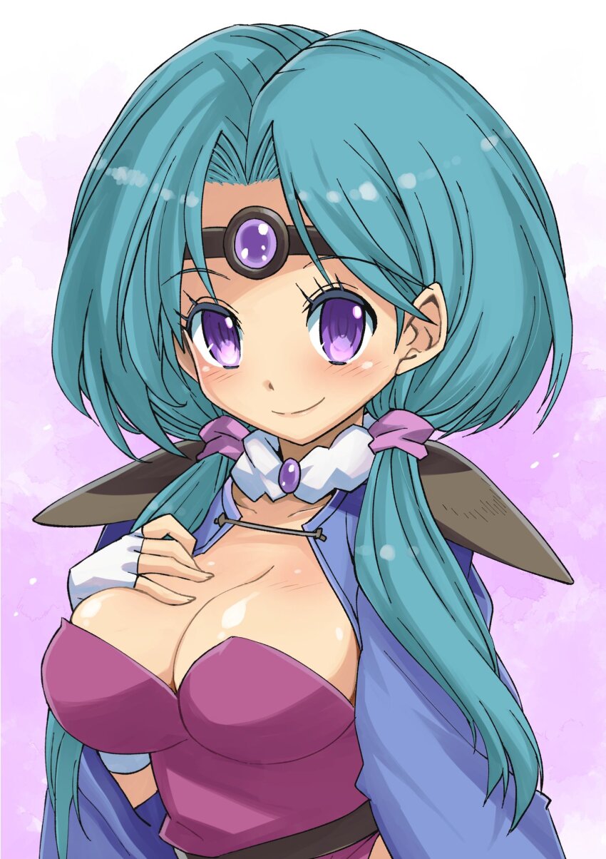 1girl armor blue_cape blue_hair breasts cape circlet cleavage closed_mouth collarbone eyelashes fingerless_gloves fingernails gloves hair_intakes hand_on_own_chest hand_up haou_taikei_ryuu_knight highres light_blue_hair long_hair looking_at_viewer low_twintails medium_breasts muramasa_mikado paffy_pafuricia pauldrons purple_eyes purple_pupils shoulder_armor smile solo split_mouth twintails white_gloves
