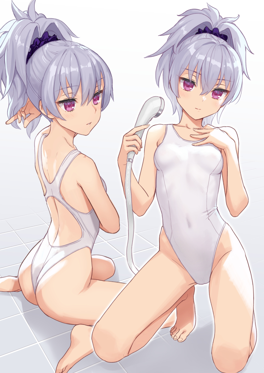 1girl absurdres ass barefoot breasts competition_swimsuit covered_navel darker_than_black highleg highleg_one-piece_swimsuit highres holding holding_shower_head kawakami_rokkaku looking_at_viewer multiple_views one-piece_swimsuit ponytail purple_eyes shower_head simple_background sitting small_breasts swimsuit tile_floor tiles wariza white_hair white_one-piece_swimsuit yin_(darker_than_black)