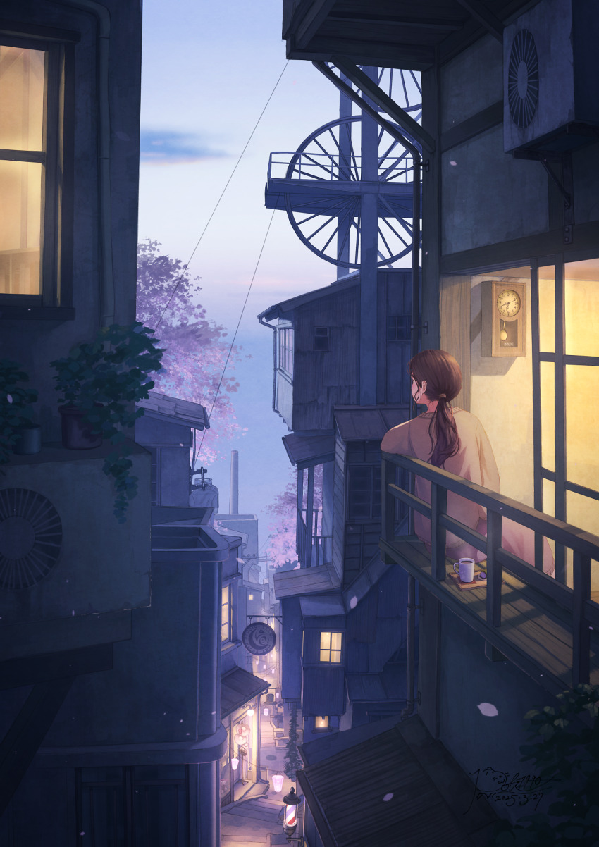 1girl barber_pole brown_cardigan brown_hair cardigan cherry_blossoms commentary_request cup from_behind highres horizon long_sleeves night ocean original pochi_(poti1990) ponytail railing road scenery sky smokestack spring_(season) street tree vanishing_point window