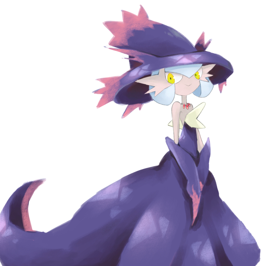 alternate_color blue_hair colored_skin cosplay dmt_(auburn) dress elbow_gloves gardevoir gen_3_pokemon gen_4_pokemon gloves halloween hat jewelry looking_at_viewer mega_gardevoir mega_pokemon mismagius mismagius_(cosplay) necklace nintendo pokemon pokemon_(creature) purple_dress purple_gloves shiny_pokemon simple_background smile strapless strapless_dress v_arms white_background white_skin witch_hat yellow_eyes