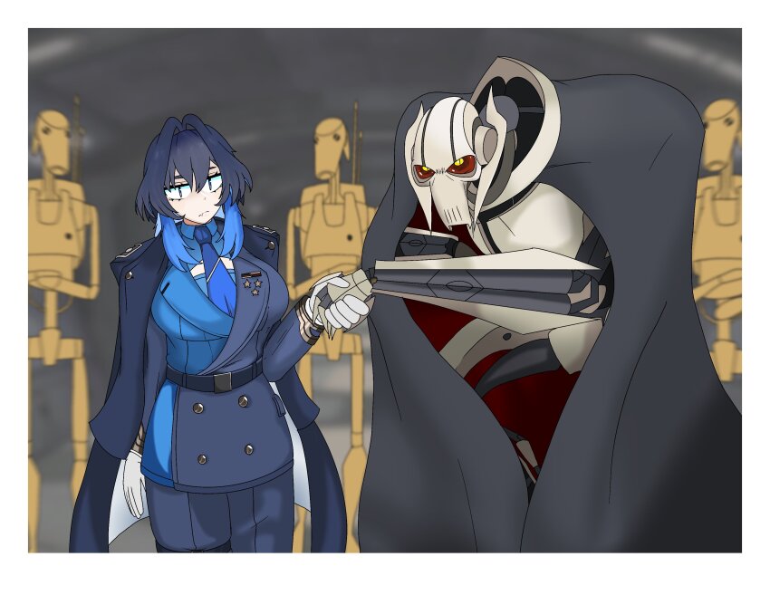 1girl absurdres b1_battle_droid blue_eyes blue_hair blue_necktie blue_shirt cloak coat collared_shirt colored_inner_hair colored_sclera cyborg general_grievous gloves hair_intakes handshake highres hololive hololive_english multicolored_hair necktie official_alternate_costume ouro_kronii ouro_kronii_(4th_costume) shirt star_wars themastersos virtual_youtuber yellow_sclera