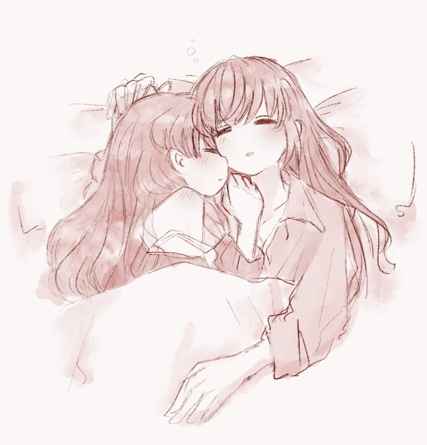 2girls blush brown_theme closed_eyes collarbone commentary_request fujishima_megumi hair_down highres link!_like!_love_live! long_hair long_sleeves love_live! mashikaku_(ma4kaku10fu) monochrome multiple_girls open_mouth otomune_kozue sidelocks single_bare_shoulder sleeping sleeves_past_wrists squeans strap_slip under_covers virtual_youtuber yuri