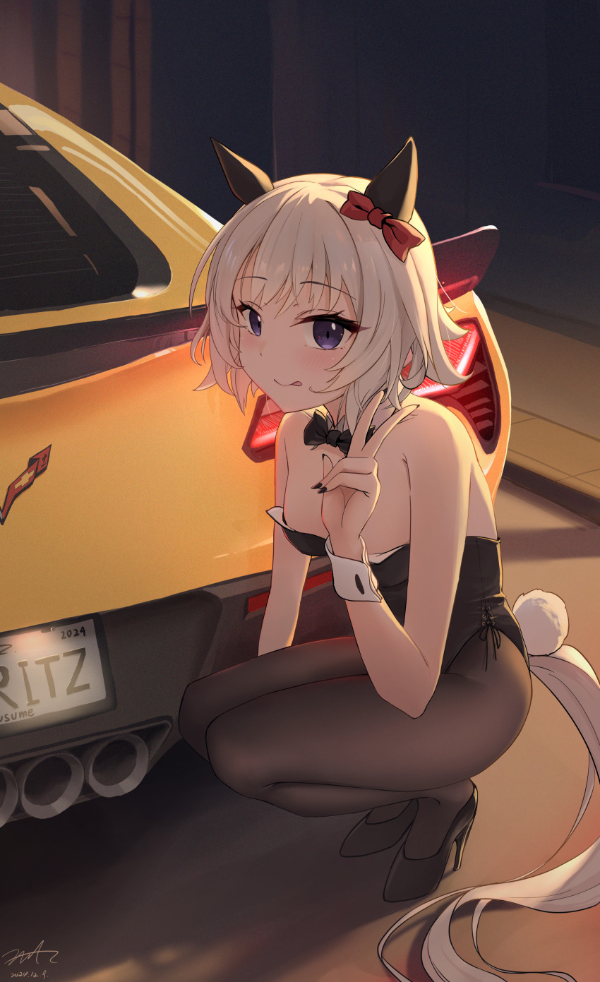 1girl 2024 absurdres alternate_costume animal_ears artist_name bare_shoulders black_bow black_bowtie black_nails black_pantyhose black_shoes bow bowtie car chevrolet_corvette chevrolet_corvette_c7 commentary_request curren_chan_(umamusume) detached_collar ear_bow ear_covers fritz614 grey_hair high_heels highres horse_ears horse_girl leotard motor_vehicle nail_polish nontraditional_playboy_bunny pantyhose purple_eyes red_bow shoes short_hair smile solo squatting strapless strapless_leotard umamusume v wrist_cuffs