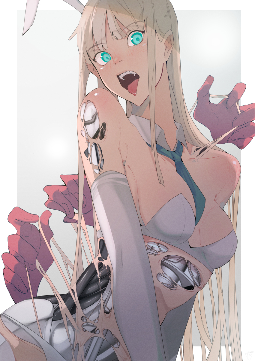 1girl absurdres animal_ears bare_shoulders blonde_hair blue_eyes blue_necktie blunt_bangs blush detached_collar disembodied_hand ecomoesty elbow_gloves fake_animal_ears gloves highres long_hair mechabare necktie open_mouth original rabbit_ears tongue tongue_out white_gloves