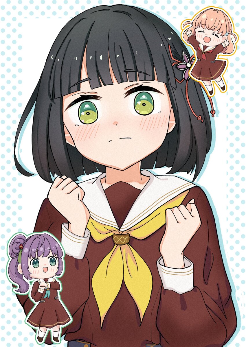 3girls :d ^_^ absurdres aqua_neckerchief black_hair blue_border blunt_bangs blunt_ends blush bob_cut border brown_dress cerise_bouquet chibi chibi_inset clenched_hands closed_eyes closed_mouth commentary_request crossed_bangs dress drop_shadow embarrassed flower flower_knot green_eyes green_outline hair_bun hair_flower hair_ornament harukawa_inoki hasu_no_sora_school_uniform highres hinoshita_kaho light_frown link!_like!_love_live! long_hair long_sleeves love_live! medium_dress medium_hair momose_ginko multiple_girls neckerchief open_mouth orange_hair orange_outline otomune_kozue outline outside_border pleated_dress polka_dot_border purple_hair rabbit_hair_ornament red_flower red_neckerchief sailor_collar sailor_dress school_uniform short_hair side_ponytail sidelocks single_side_bun smile split_mouth two_side_up upper_body virtual_youtuber white_background white_outline white_sailor_collar winter_uniform yellow_neckerchief