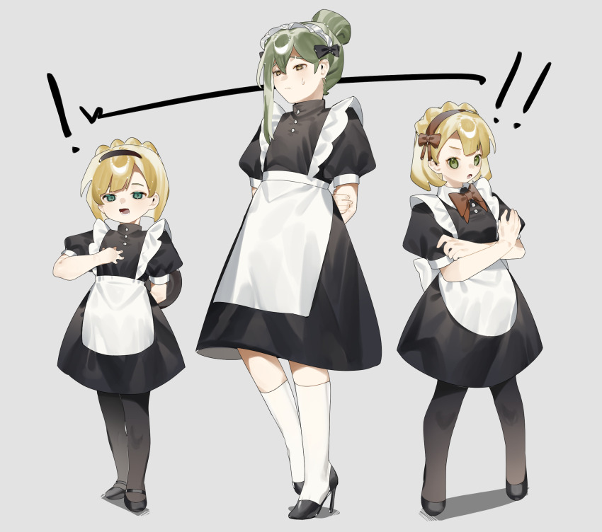1girl 2boys apron arms_behind_back black_dress black_pantyhose black_shoes blonde_hair blue_eyes bow brown_eyes child crossdressing crossed_arms dress green_eyes green_hair hair_bow hairband high_heels highres library_of_ruina maid maid_headdress male_maid mary_janes multiple_boys netzach_(project_moon) pantyhose project_moon pumps shoes short_dress short_hair short_sleeves socks tiphereth_a_(project_moon) tiphereth_b_(project_moon) toeiki_c white_apron white_socks
