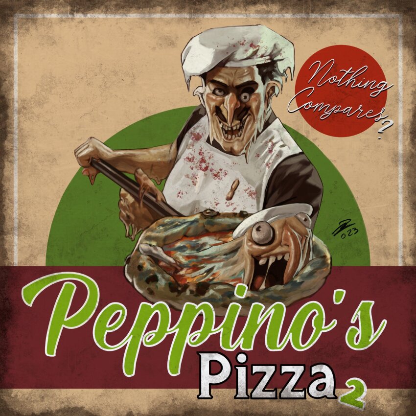 1boy 2023 apron bad_teeth black_hair black_shirt blood blood_on_clothes body_horror bulging_eyes character_name chef_hat cleft_chin commentary creature english_commentary english_text eye_pop facial_hair fake_peppino fat fat_man food hat highres holding light_blush long_nose looking_at_viewer male_focus melting mold mustache nurve26 peel_(tool) pizza pizza_tower shirt short_hair short_sleeves signature smile solo spoilers upper_body wall-eyed what white_apron white_hat why