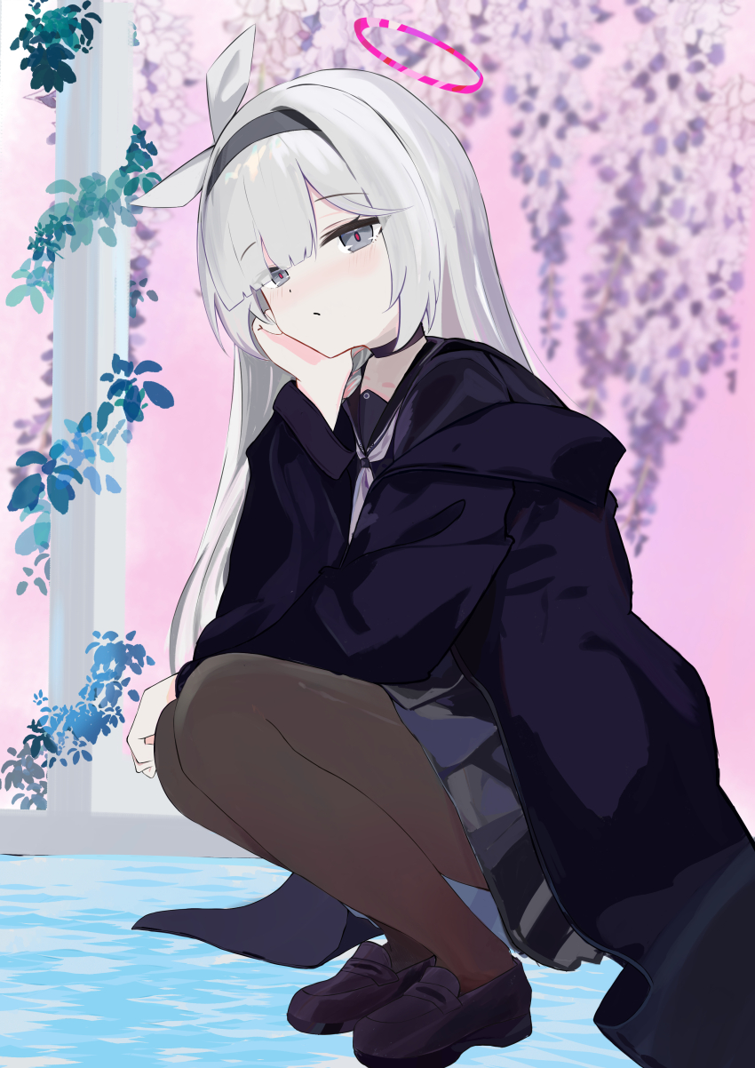 1girl absurdres black_choker black_coat black_eyes black_hairband black_pantyhose black_sailor_collar black_serafuku blue_archive braid chin_rest choker coat colored_inner_hair elbow_rest full_body goldia hair_over_one_eye hairband halo hand_on_own_cheek hand_on_own_face head_on_head head_rest highres looking_at_viewer multicolored_hair neckerchief pantyhose plana_(blue_archive) red_pupils ribbon sailor_collar school_uniform serafuku single_braid solo squatting white_choker white_neckerchief white_ribbon