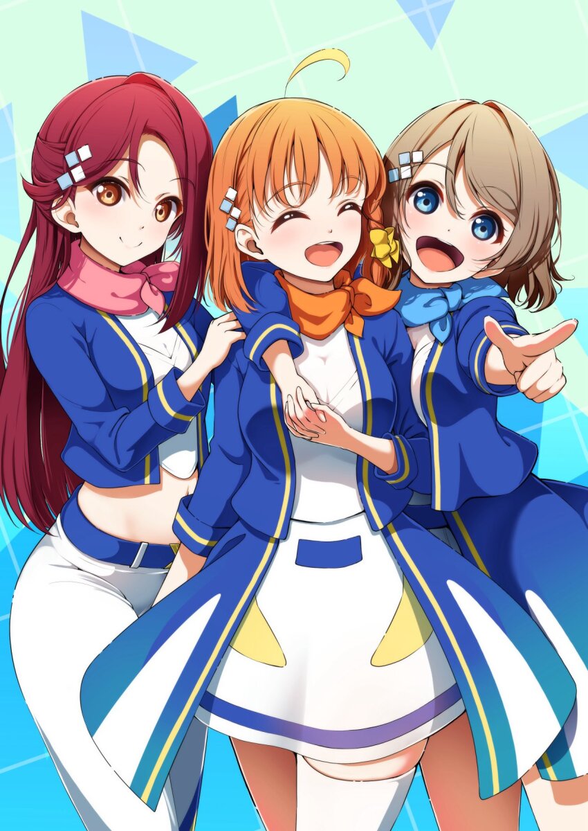 ahoge amagi_(volfuji) ascot belt blue_ascot blue_background blue_eyes blush braid breasts brown_hair closed_eyes closed_mouth crop_top cropped_jacket dress green_background grey_hair hair_ornament head_tilt highres hug jacket long_sleeves midriff multiple_girls navel open_clothes open_jacket orange_ascot orange_hair pants pink_ascot pointing red_hair sakurauchi_riko scarf simple_background single_thighhigh skirt smile stomach takami_chika thighhighs thighs watanabe_you wavy_hair yellow_eyes