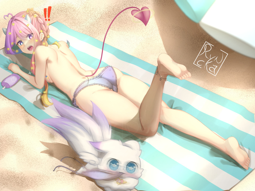 ! !! 1girl absurdres ahoge animal anklet artist_logo ass back barefoot beach beach_umbrella bikini blonde_hair blue_eyes braid clothes_theft commission demon_horns demon_tail emberlith fang fox gradient_hair hair_ornament halo heart heart_ahoge heterochromia highres horns hoshi_(emberlith) indie_virtual_youtuber jewelry leg_up legs logo lying multicolored_hair multiple_tails nail_polish no_wings on_stomach open_mouth pink_hair purple_eyes purple_hair ryncka sand star-shaped_pupils star_(symbol) star_hair_ornament striped_towel sweatdrop swimsuit swimsuit_theft symbol-shaped_pupils tail theft thighs umbrella unworn_bikini_top virtual_youtuber white_bikini