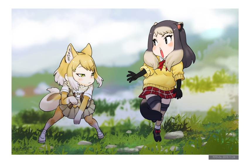 2girls absurdres animal_ears black_hair blonde_hair blurry blurry_background blush closed_mouth dated fox_ears fox_girl fox_tail fur_collar gloves green_eyes highres kemono_friends long_hair looking_at_another multicolored_hair multiple_girls open_mouth photo-referenced pleated_skirt red_skirt roonhee short_sleeves sidelocks skirt standing tail thighhighs tibetan_fox_(kemono_friends) two-tone_hair vest white_hair