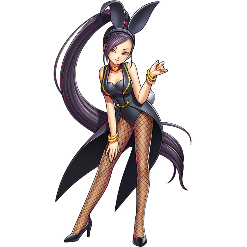1girl animal_ear_hairband animal_ears artist_request black_hairband black_leotard black_tailcoat bracelet breasts brown_pantyhose choker dragon_quest dragon_quest_rivals dragon_quest_xi fake_animal_ears fake_tail fishnet_pantyhose fishnets floating_clothes floating_hair full_body game_cg gold_bracelet hairband hand_on_own_knee heart heart_choker high_heels high_ponytail highres jewelry leotard looking_at_viewer martina_(dq11) medium_breasts official_alternate_costume official_art pantyhose ponytail purple_eyes purple_hair rabbit_ears rabbit_tail smile solo tail tailcoat_playboy_bunny third-party_source transparent_background