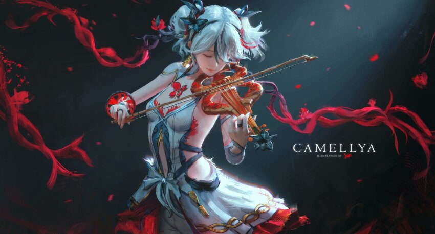 1girl absurdres artist_name black_bow black_flower bow breasts camellya_(wuthering_waves) character_name closed_eyes closed_mouth clothing_cutout collar commentary cowboy_shot dress earrings flower flower_on_chest hair_between_eyes hair_bow hair_flower hair_ornament hair_vines highres holding holding_instrument holding_violin instrument jewelry jvn medium_breasts multicolored_hair multiple_hair_bows music navel pants playing_instrument ring short_twintails sideless_dress sidelocks smile solo stomach_cutout streaked_hair tacet_mark_(wuthering_waves) twintails violin white_collar white_dress white_hair white_pants wuthering_waves