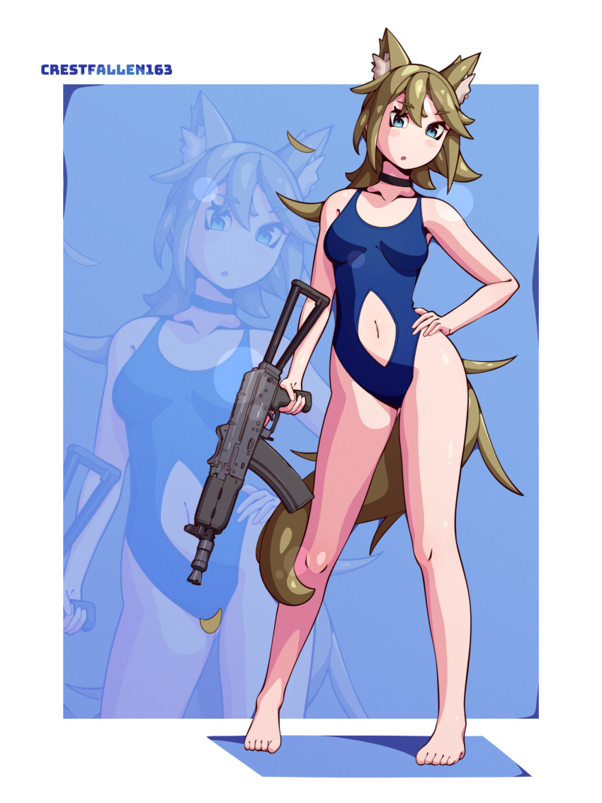 1girl ak-74u_(girls&#039;_frontline) aks-74u animal_ears assault_rifle barefoot black_choker blonde_hair blue_eyes blue_one-piece_swimsuit breasts choker clothing_cutout crestfallen163 full_body girls&#039;_frontline gun hand_on_own_hip highres holding holding_gun holding_weapon kalashnikov_rifle long_hair navel_cutout one-piece_swimsuit rifle small_breasts solo swimsuit tail weapon wolf_ears wolf_girl wolf_tail