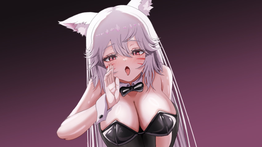 1girl animal_ears bare_shoulders bent_over black_leotard black_pantyhose bow bowtie breasts cleavage commission detached_collar eomo_(pyum3252) facial_mark fox_ears gradient_background hand_up large_breasts leotard long_hair looking_at_viewer open_mouth original pantyhose red_eyes solo strapless strapless_leotard tongue tongue_out upper_body white_hair wrist_cuffs