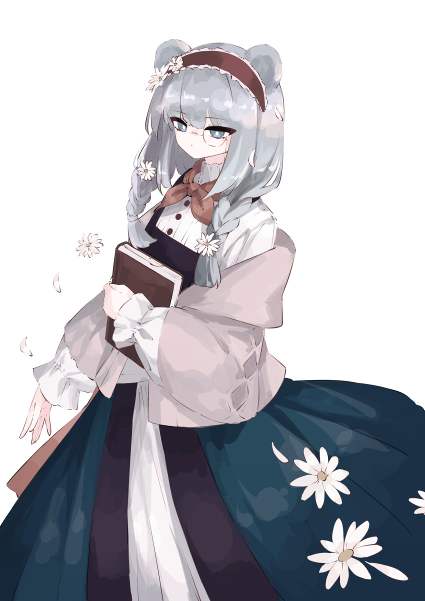 1girl arknights black_dress blue_eyes blue_hair book braid bright_pupils cardigan dress flower frilled_hairband frills grey_cardigan hair_flower hair_ornament hairband highres holding holding_book istina_(arknights) istina_(bibliosmia)_(arknights) long_sleeves monocle nazo_no_hana neckerchief official_alternate_costume open_cardigan open_clothes red_hairband red_neckerchief simple_background solo twin_braids white_background white_flower white_pupils