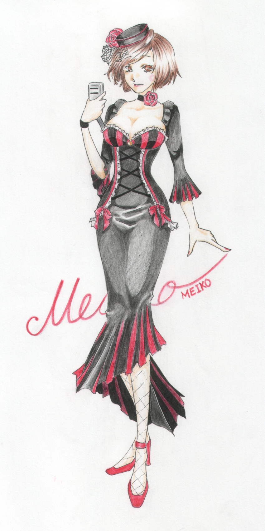 1girl absurdres bow breasts brown_eyes brown_hair character_name choker cleavage colored_pencil_(medium) dress female_focus fishnet_pantyhose fishnets flower frilled_sleeves frills full_body glowing_lines hat high_heels highres hobble_dress large_breasts lee_(ruria) lips long_dress looking_at_viewer lovers_suicide_oblivion_(vocaloid) meiko_(lorelei)_(vocaloid) meiko_(vocaloid) microphone pantyhose project_diva_(series) project_diva_extend red_bow red_shoes rose shoes short_hair solo strappy_heels traditional_media vocaloid