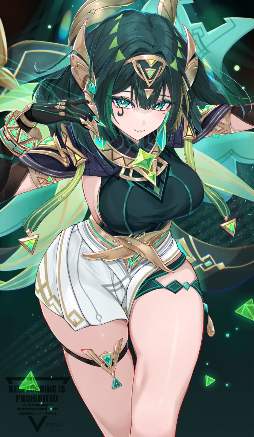 1girl absurdres ancient_egyptian_clothes breasts chest_jewel claw_ring english_text eye_tattoo fake_claws genshin_impact green_eyes green_hair green_shirt hair_intakes headgear highres jewelry large_breasts light_smile looking_at_viewer medium_hair minausa miniskirt mole mole_under_eye nefer_(genshin_impact) shirt skirt solo symbol-shaped_pupils tattoo thick_thighs thigh_strap thighs tight_clothes usekh_collar watermark white_skirt