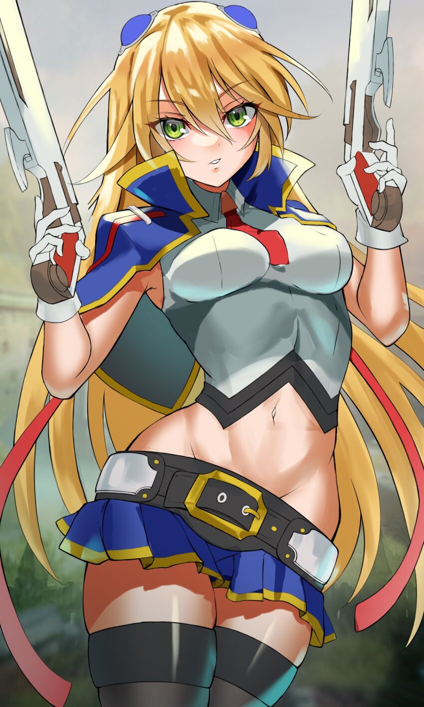 1girl arc_system_works blazblue blonde_hair breasts curvy gloves green_eyes gun highres legs long_hair looking_at_viewer medium_breasts midriff navel necktie noel_vermillion parted_lips sato_one1 skirt solo thick_thighs thighs weapon