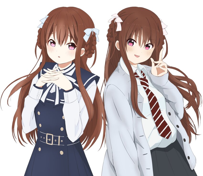 1girl 22/7 belt belt_buckle black_belt black_dress black_skirt blush bow braid braided_hair_rings brown_hair buckle buttons cardigan collared_shirt diagonal-striped_clothes diagonal-striped_necktie double-breasted dress grey_cardigan hair_bow hair_rings highres keisanchuu_new_costume long_hair long_sleeves looking_at_viewer multiple_views neck_ribbon necktie open_cardigan open_clothes open_mouth pinafore_dress pleated_dress pleated_skirt purple_eyes qualitas_ayai ribbon shirt shirt_under_dress simple_background skirt sleeveless sleeveless_dress smile standing striped_clothes tachikawa_ayaka twin_braids two_side_up white_background white_bow white_ribbon white_shirt