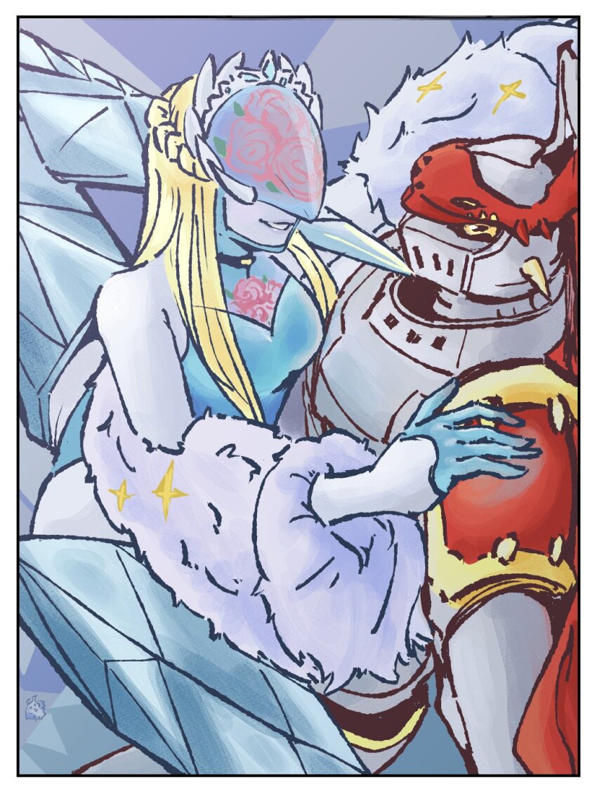 1boy 1girl armor artist_request blade_to_throat blonde_hair cendrillmon covered_eyes digimon digimon_(creature) digimon_liberator digimon_tamers digital_hazard dukemon fur_boa helmet helmet_over_eyes highres knight leotard pinned_down smile yellow_eyes