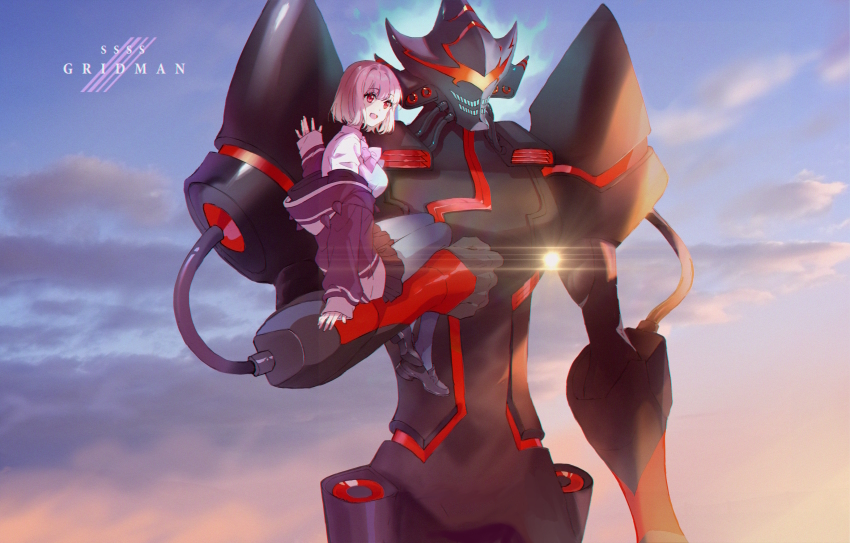 1girl absurdres alexis_kerib bow bowtie gridman_universe highres hood hood_down hooded_jacket jacket long_sleeves mecha miniskirt nollipap off_shoulder open_mouth purple_jacket red_eyes robot school_uniform shinjou_akane short_hair sitting skirt ssss.gridman
