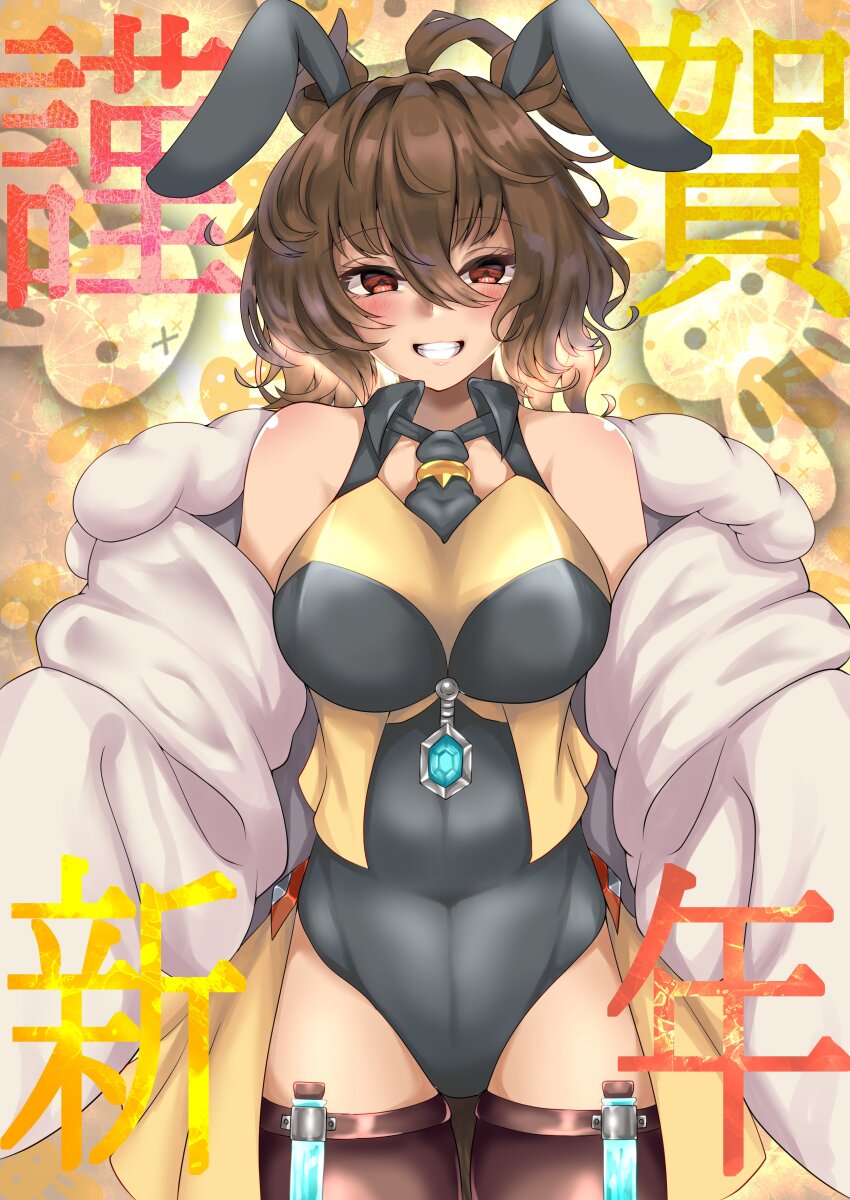 1girl absurdres agnes_tachyon_(umamusume) ahoge animal_ears black_leotard black_necktie blue_gemstone blush breasts brown_hair brown_thighhighs coat commentary_request covered_navel cowboy_shot fake_animal_ears gem grin highres hisagi_(hisagi00) horse_ears horse_girl lar large_breasts leotard looking_at_viewer medium_hair necktie open_clothes open_coat rabbit_ears red_eyes smile solo thighhighs umamusume variant_set white_coat yellow_background