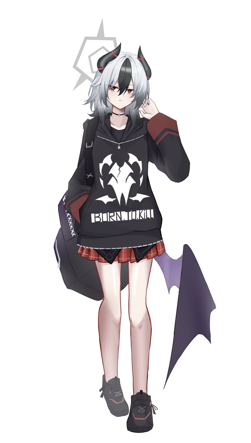 1girl absurdres black_hair blue_archive breasts demon_girl demon_wings elbow_gloves gloves grey_halo halo highres kayoko_(blue_archive) kazusa_(blue_archive) kazusa_(halloween)_(blue_archive) medium_hair navel purple_wings red_eyes single_wing small_breasts solo sych1590 thighs white_hair wings