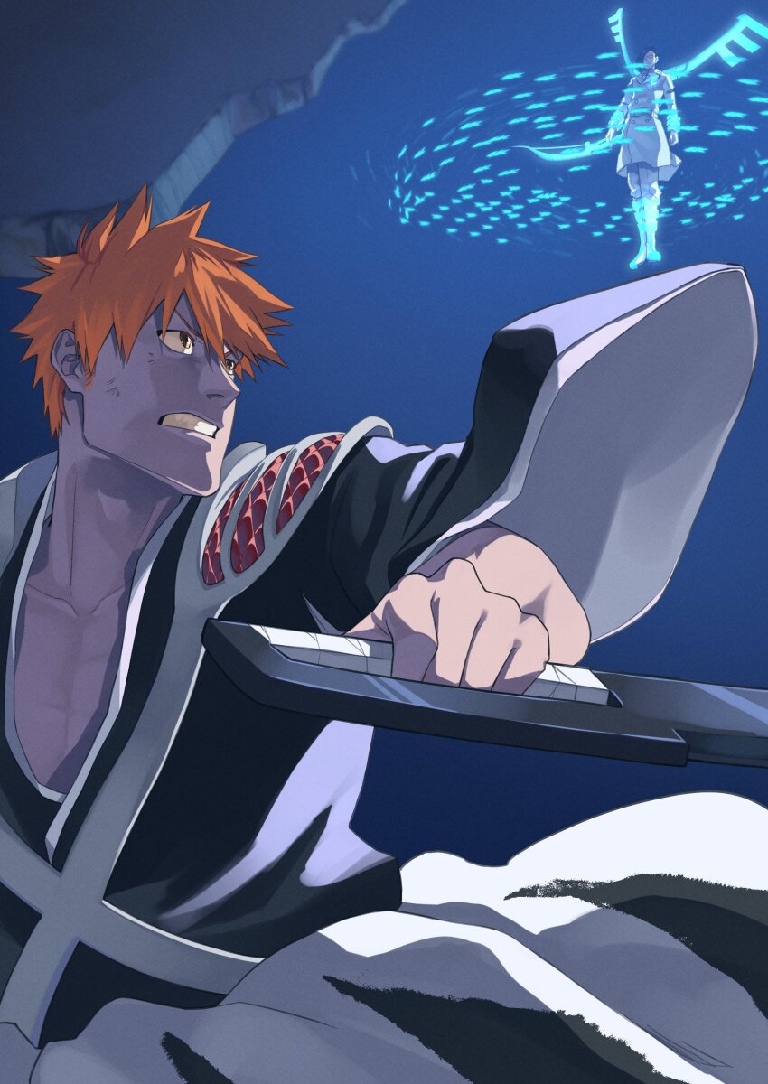 2boys 46take_e absurdres battle black_kimono bleach bleach:_sennen_kessen-hen bow_(weapon) brown_eyes clenched_teeth collarbone commentary energy_wings fighting_stance glasses hashtag-only_commentary highres holding holding_bow_(weapon) holding_sword holding_weapon ishida_uryuu jacket japanese_clothes kimono kurosaki_ichigo long_sleeves looking_at_another looking_up male_focus military_uniform multiple_boys nose pants short_hair solo_focus spiked_hair spoilers sword teeth true_zangetsu_(shikai) upper_body upturned_eyes v-shaped_eyebrows vollstandig weapon white_jacket white_pants wide_sleeves