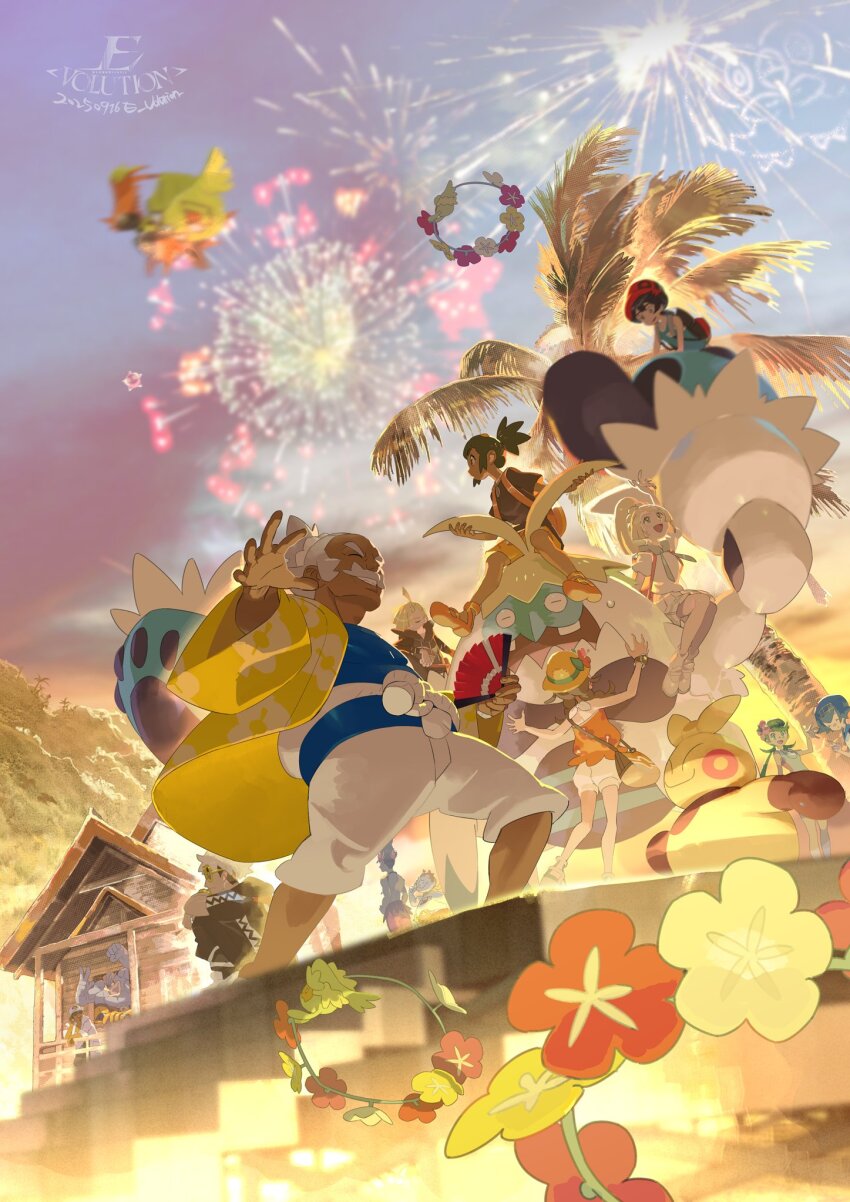 4girls 6+boys aerial_fireworks bag black_jacket black_pants blue_shirt blurry capri_pants comfey crabominable e_volution elio_(pokemon) facial_hair fireworks gen_1_pokemon gen_3_pokemon gen_7_pokemon gladion_(pokemon) guzma_(pokemon) hala_(pokemon) hat hau_(pokemon) highres jacket kiawe_(pokemon) lana_(pokemon) legendary_pokemon lillie_(pokemon) machamp makuhita mallow_(pokemon) multiple_boys multiple_girls mustache nintendo orange_shirt outdoors palm_tree pants pokemon pokemon_usum professor_kukui riding riding_pokemon selene_(pokemon) shirt shorts shoulder_bag sitting sky sleeveless sleeveless_shirt sophocles_(pokemon) standing tapu_koko tree watermark white_pants white_shorts yellow_jacket