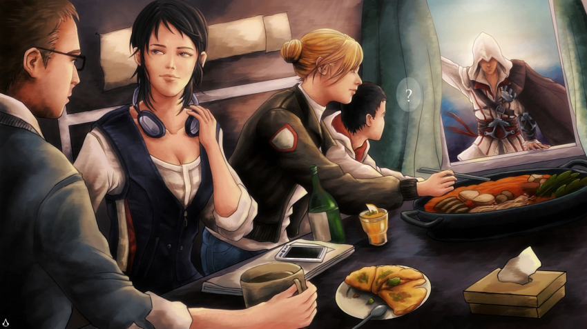 2girls 3boys ? altair_ibn_la-ahad assassin&#039;s_creed assassin&#039;s_creed_(series) assassin&#039;s_creed_ii beard desmond_miles ezio_auditore_da_firenze facial_hair food glasses headphones hood lucy_stillman multiple_boys multiple_girls niccolo_di_bernardo_dei_machiavelli rebecca_crane shaun_hastings short_hair time_paradox
