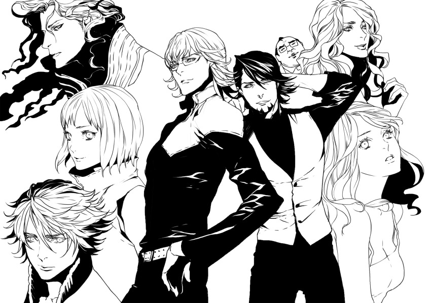 3girls 5boys agnes_joubert bare_shoulders barnaby_brooks_jr. belt breasts brown_hair bruce_lee&#039;s_jumpsuit cape dress facial_hair glasses greyscale hair_ornament hairclip highres huang_pao-lin ivan_karelin jacket jewelry kaburagi_t._kotetsu karina_lyle letterman_jacket long_hair lunatic_(tiger_&amp;_bunny) medium_breasts mole mole_under_mouth monochrome multiple_boys multiple_girls necklace necktie npn saitou_(tiger_&amp;_bunny) short_hair sleeveless sleeveless_dress stubble studded_belt superhero_costume tiger_&amp;_bunny vest waistcoat yuri_petrov