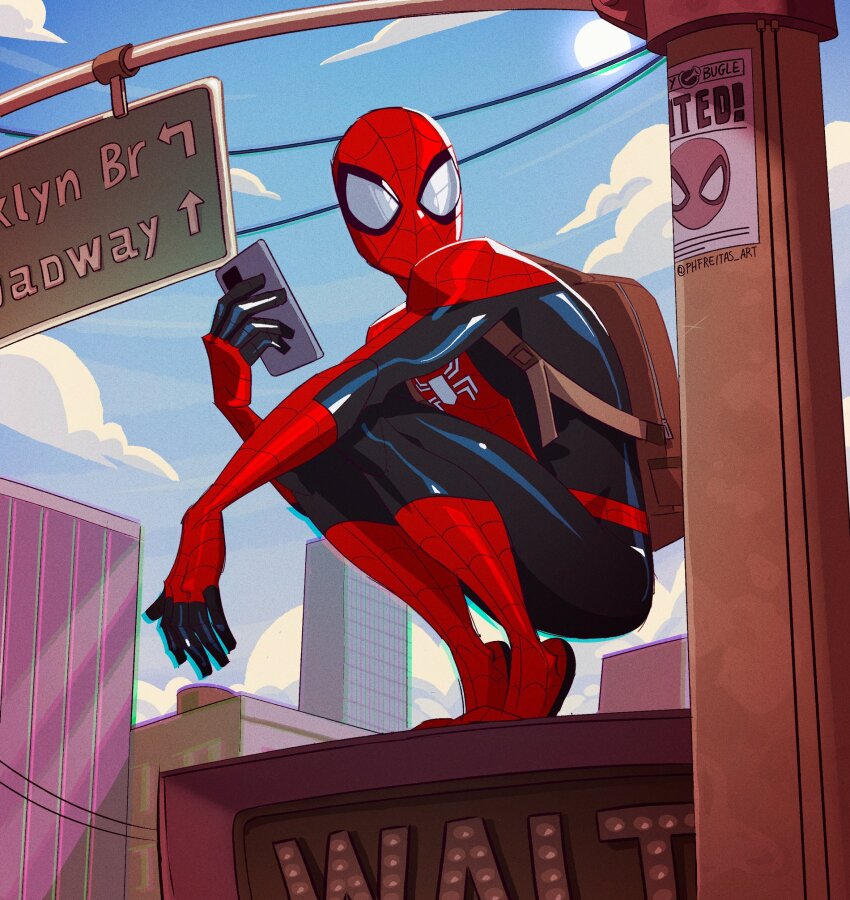 1boy animal_print artist_name backpack bag blue_sky building cellphone cloud commentary day english_text highres logo male_focus marvel onesie outdoors phfreitas_art phone sky skyscraper smartphone solo spandex spider-man spider-man_(series) spider_print spider_web_print squatting sun superhero_costume symbol-only_commentary